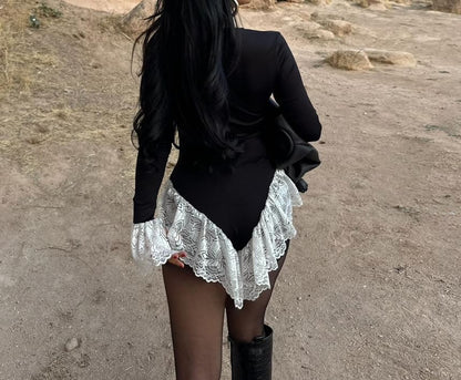 Long Sleeve Scoop Neck Panel Lace Bodysuit Top