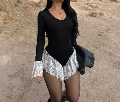 Long Sleeve Scoop Neck Panel Lace Bodysuit Top