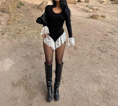 Long Sleeve Scoop Neck Panel Lace Bodysuit Top