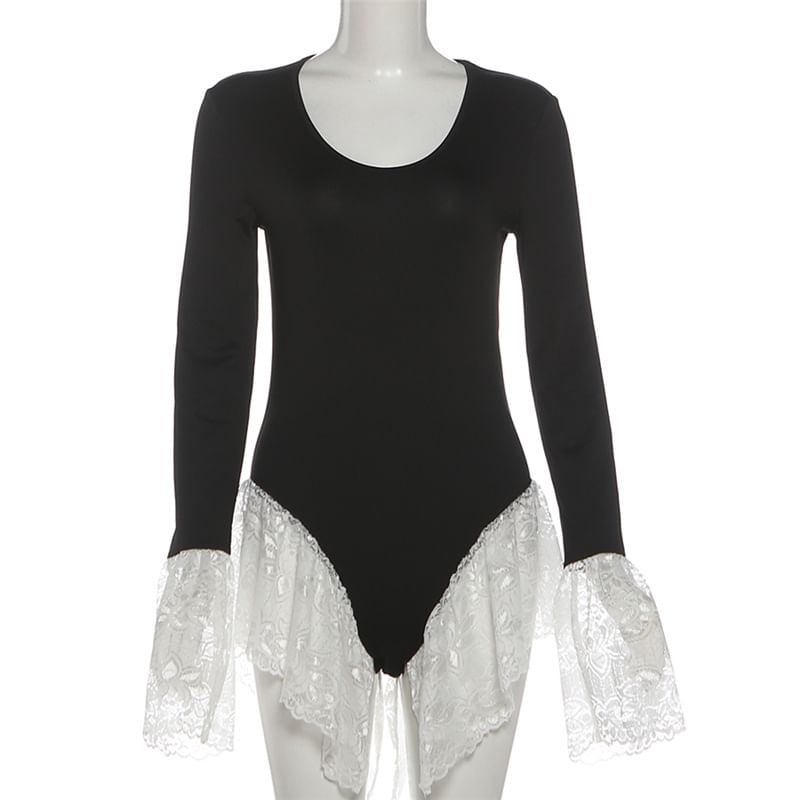 Long Sleeve Scoop Neck Panel Lace Bodysuit Top