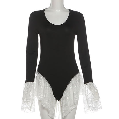 Long Sleeve Scoop Neck Panel Lace Bodysuit Top
