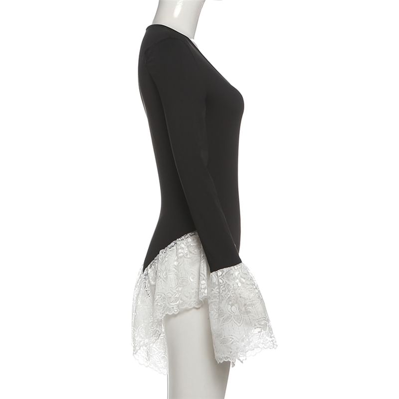 Long Sleeve Scoop Neck Panel Lace Bodysuit Top