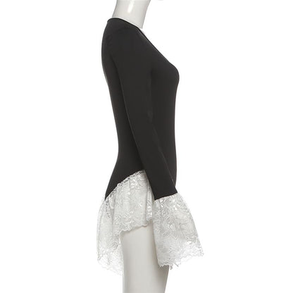 Long Sleeve Scoop Neck Panel Lace Bodysuit Top