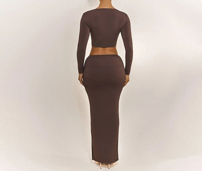 Long Sleeve Round Neck Plain Cutout Slit Maxi Sheath Dress