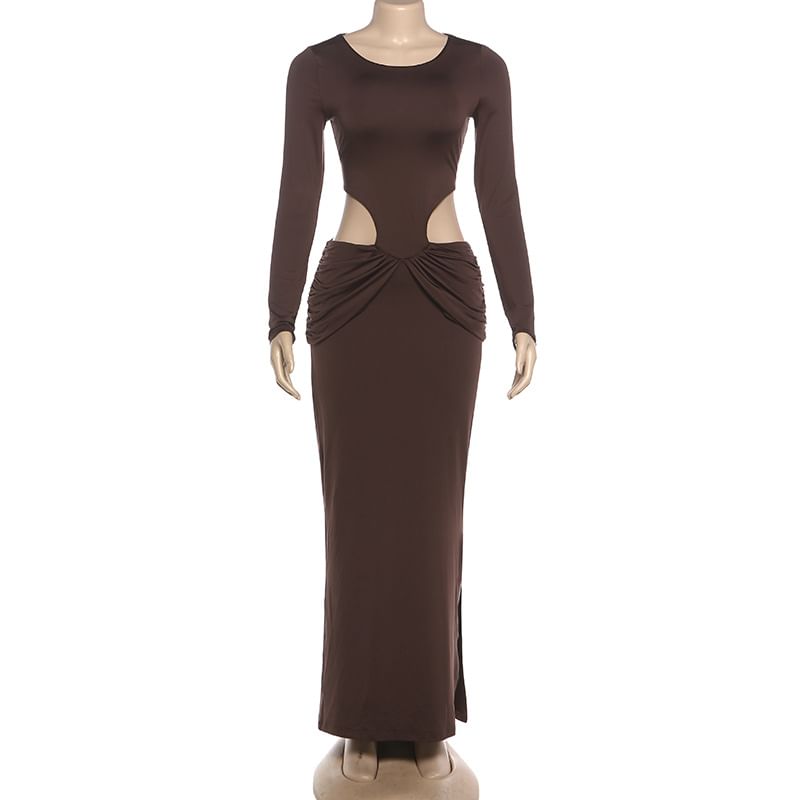 Long Sleeve Round Neck Plain Cutout Slit Maxi Sheath Dress