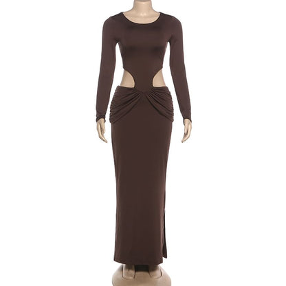 Long Sleeve Round Neck Plain Cutout Slit Maxi Sheath Dress