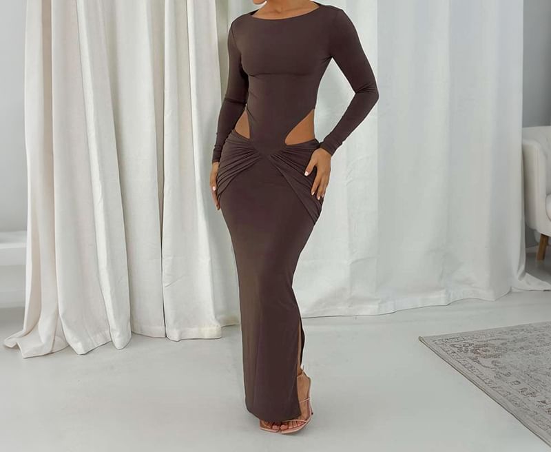 Long Sleeve Round Neck Plain Cutout Slit Maxi Sheath Dress