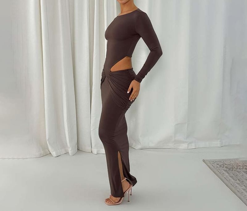 Long Sleeve Round Neck Plain Cutout Slit Maxi Sheath Dress