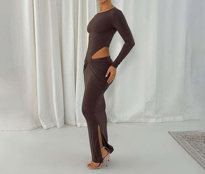 Long Sleeve Round Neck Plain Cutout Slit Maxi Sheath Dress