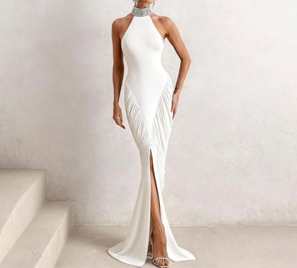 Halter Mock Neck Plain Rhinestone Ruched Slit Maxi Sheath Dress