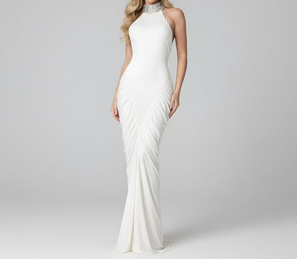Halter Mock Neck Plain Rhinestone Ruched Slit Maxi Sheath Dress