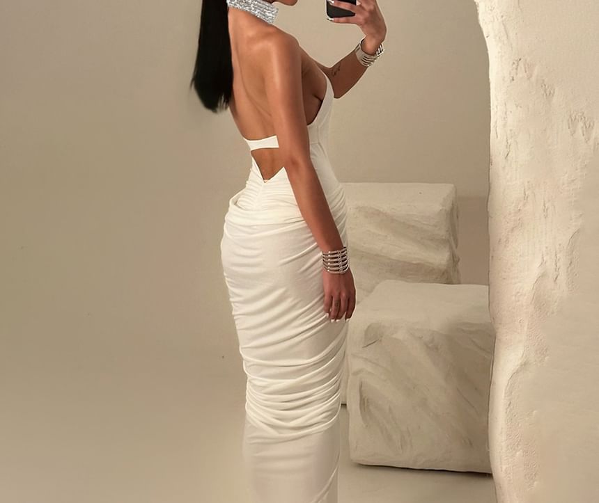 Halter Mock Neck Plain Rhinestone Ruched Slit Maxi Sheath Dress
