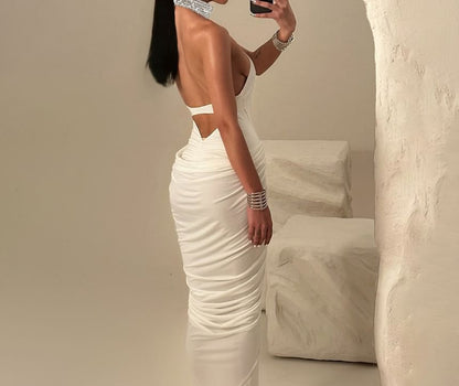 Halter Mock Neck Plain Rhinestone Ruched Slit Maxi Sheath Dress