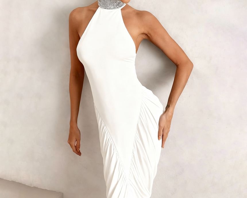 Halter Mock Neck Plain Rhinestone Ruched Slit Maxi Sheath Dress