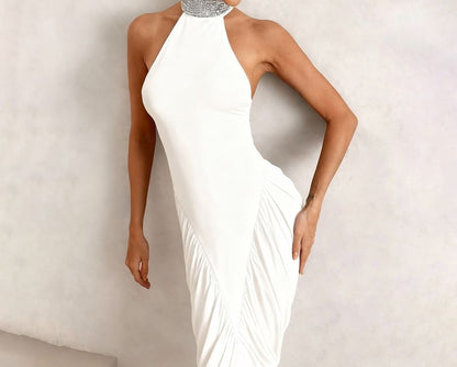 Halter Mock Neck Plain Rhinestone Ruched Slit Maxi Sheath Dress