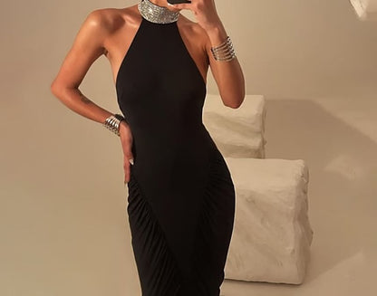 Halter Mock Neck Plain Rhinestone Ruched Slit Maxi Sheath Dress