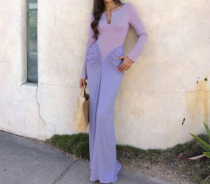 Long Sleeve V-Neck Ruched Panel Mesh Maxi Sheath Dress