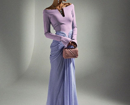 Long Sleeve V-Neck Ruched Panel Mesh Maxi Sheath Dress
