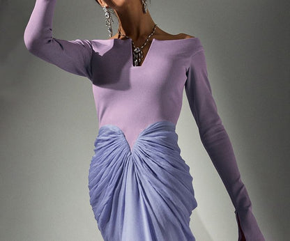 Long Sleeve V-Neck Ruched Panel Mesh Maxi Sheath Dress