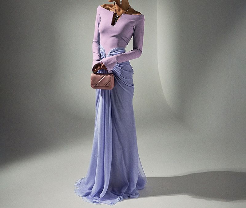 Long Sleeve V-Neck Ruched Panel Mesh Maxi Sheath Dress
