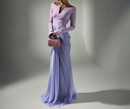 Long Sleeve V-Neck Ruched Panel Mesh Maxi Sheath Dress