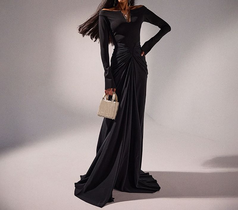 Long Sleeve V-Neck Ruched Panel Mesh Maxi Sheath Dress