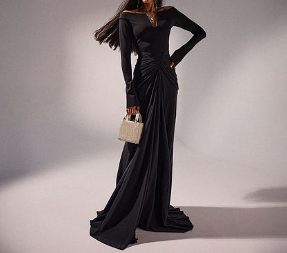 Long Sleeve V-Neck Ruched Panel Mesh Maxi Sheath Dress