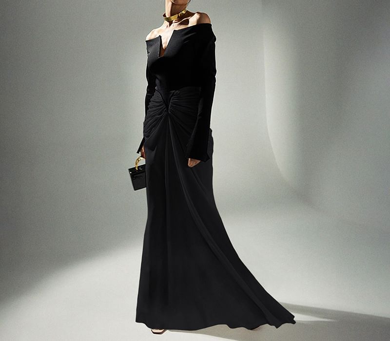 Long Sleeve V-Neck Ruched Panel Mesh Maxi Sheath Dress
