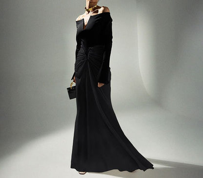 Long Sleeve V-Neck Ruched Panel Mesh Maxi Sheath Dress