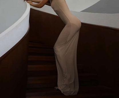 Cap Sleeve Mock Neck Plain Ruched Cutout Maxi Sheath Dress