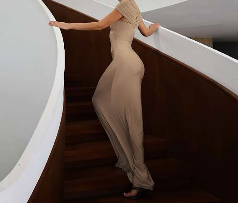 Cap Sleeve Mock Neck Plain Ruched Cutout Maxi Sheath Dress