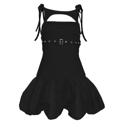 Spaghetti Strap Plain Cutout Mini A-Line Dress