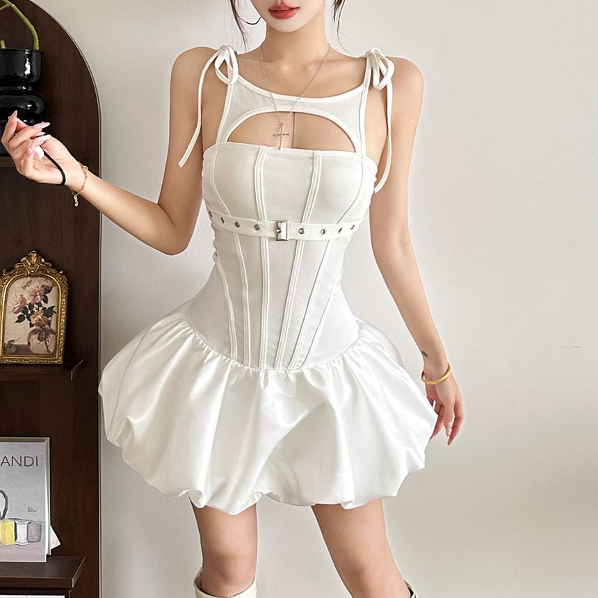 Spaghetti Strap Plain Cutout Mini A-Line Dress
