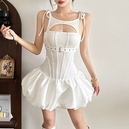 Spaghetti Strap Plain Cutout Mini A-Line Dress