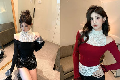 Long Sleeve Off Shoulder Plain Top / Sleeveless Mock Neck Plain Lace Top / High Waist Dotted Shorts