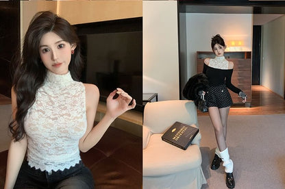 Long Sleeve Off Shoulder Plain Top / Sleeveless Mock Neck Plain Lace Top / High Waist Dotted Shorts