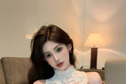 Long Sleeve Off Shoulder Plain Top / Sleeveless Mock Neck Plain Lace Top / High Waist Dotted Shorts