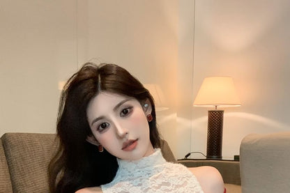 Long Sleeve Off Shoulder Plain Top / Sleeveless Mock Neck Plain Lace Top / High Waist Dotted Shorts