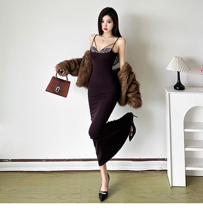 Spaghetti Strap Leopard Print Panel Maxi Mermaid Dress / Faux Fur Jacket
