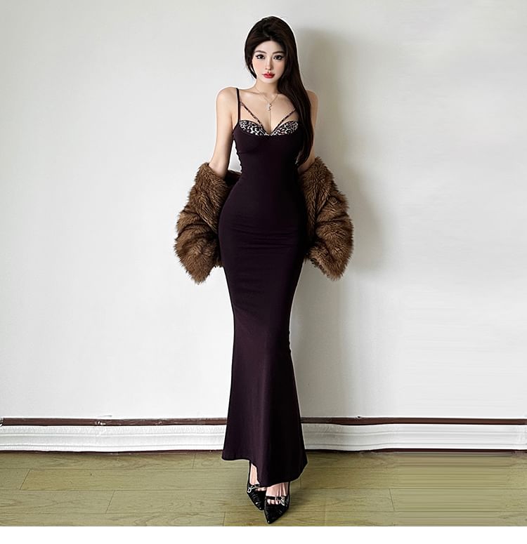Spaghetti Strap Leopard Print Panel Maxi Mermaid Dress / Faux Fur Jacket