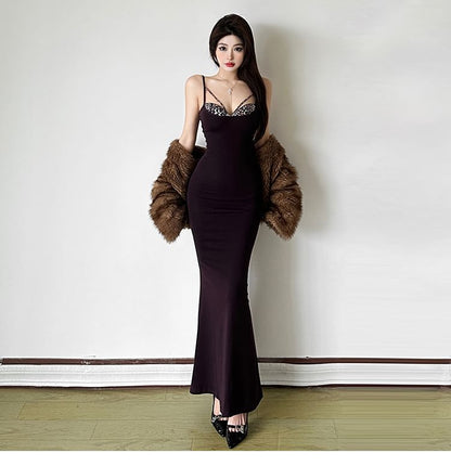 Spaghetti Strap Leopard Print Panel Maxi Mermaid Dress / Faux Fur Jacket