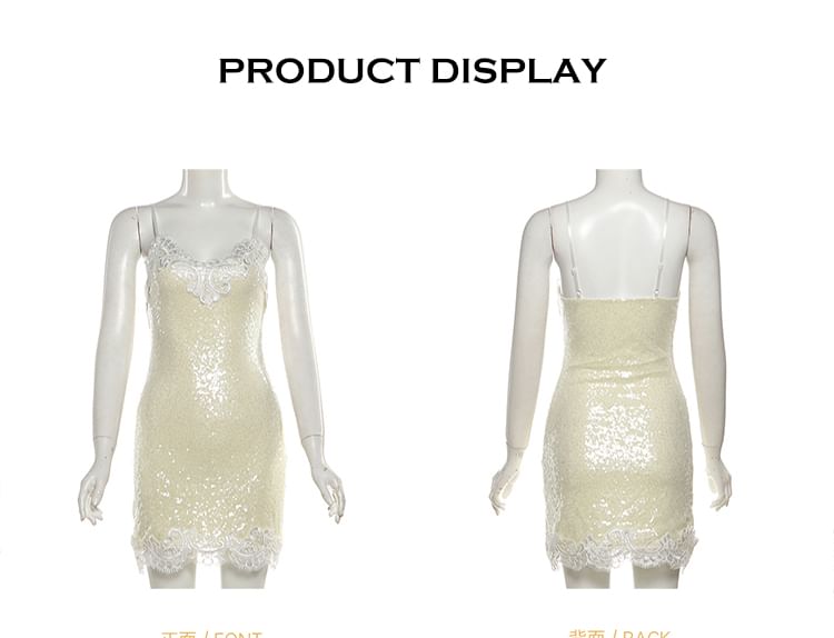 Spaghetti Strap V-Neck Lace Mini Bodycon Dress