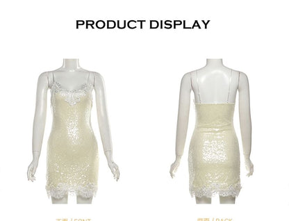 Spaghetti Strap V-Neck Lace Mini Bodycon Dress
