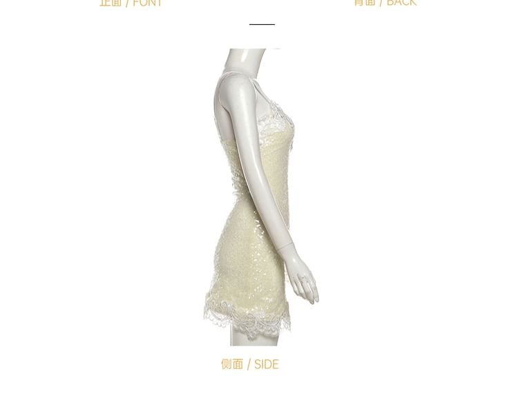 Spaghetti Strap V-Neck Lace Mini Bodycon Dress