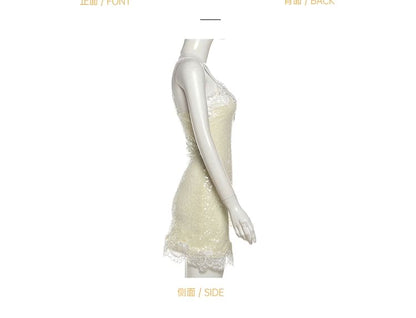 Spaghetti Strap V-Neck Lace Mini Bodycon Dress