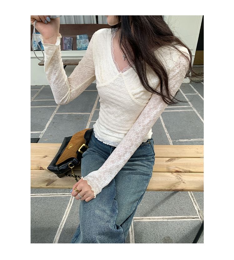 V-Neck Long Sleeve Top with Lace Trim