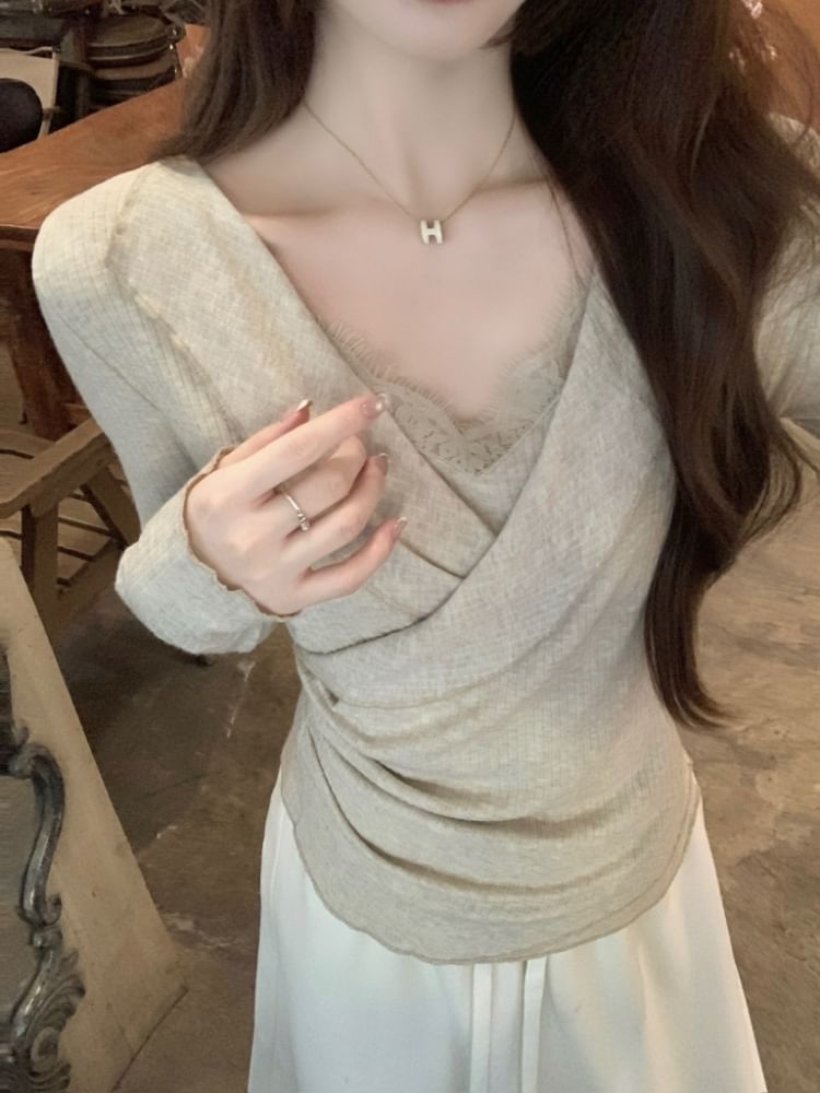 Long-Sleeve V-Neck Lace Trim Wrap Tee