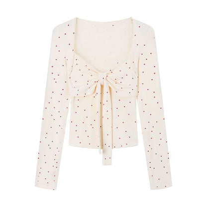 Round Neck Plain Button Up Cardigan / Long-Sleeve V-Neck Dotted Twisted Top / Lace Bra Top