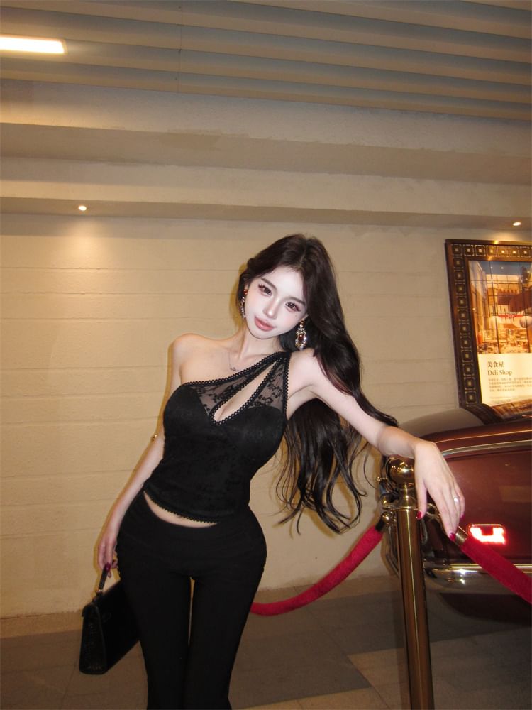 One Shoulder Cutout Lace Top - Sleeveless