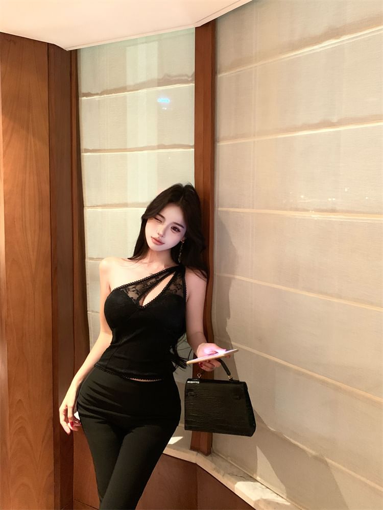 One Shoulder Cutout Lace Top - Sleeveless